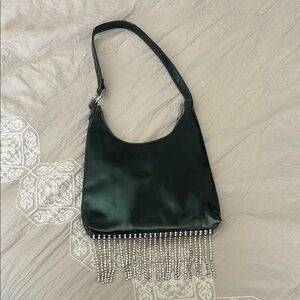 Chic Green Shoulder Bag with Silver Beaded Fringe